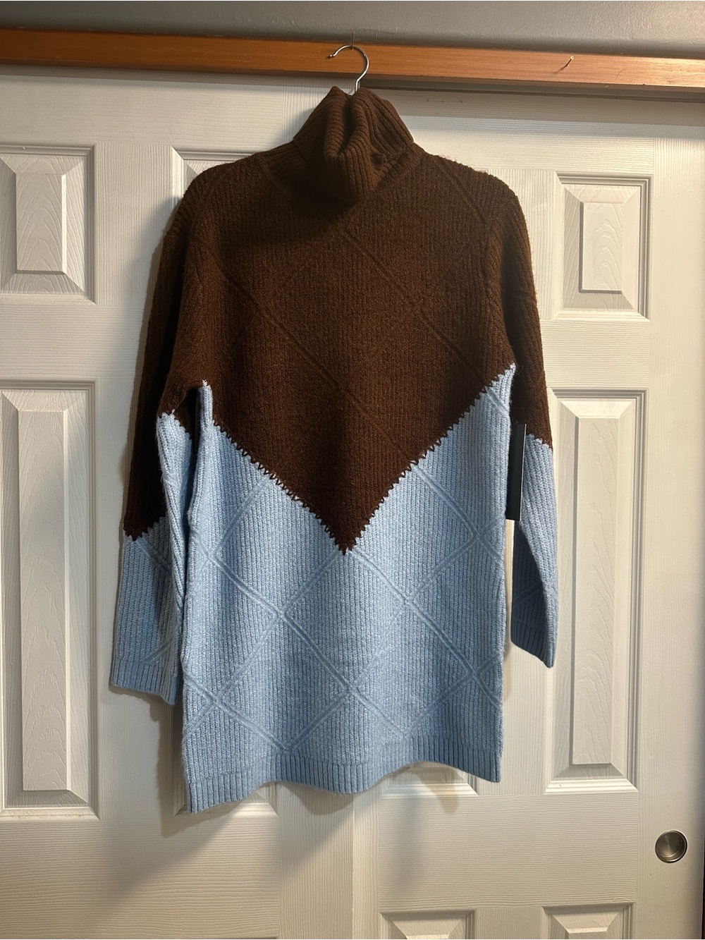 Cozy Colorblock Brown & Light Blue Turtleneck Sweater Dress
